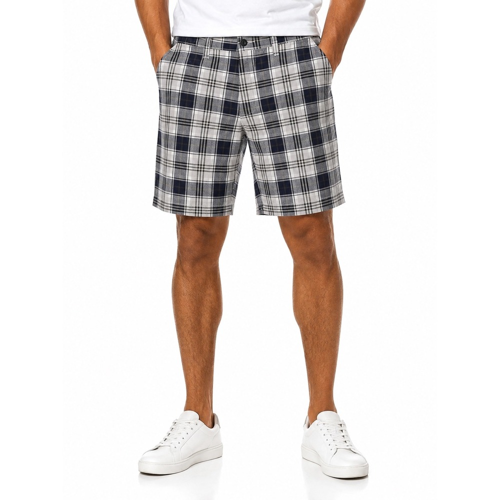 Sonoma Life + Style Mens Plaid Shorts Navy Blue White Grey Size 33 Cotton